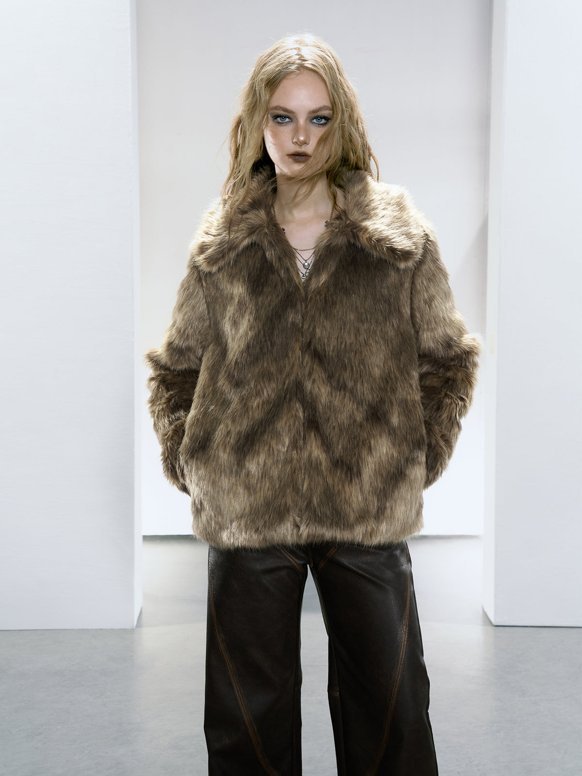 Strike A Pose | Brown Glossy Faux Fur Coat