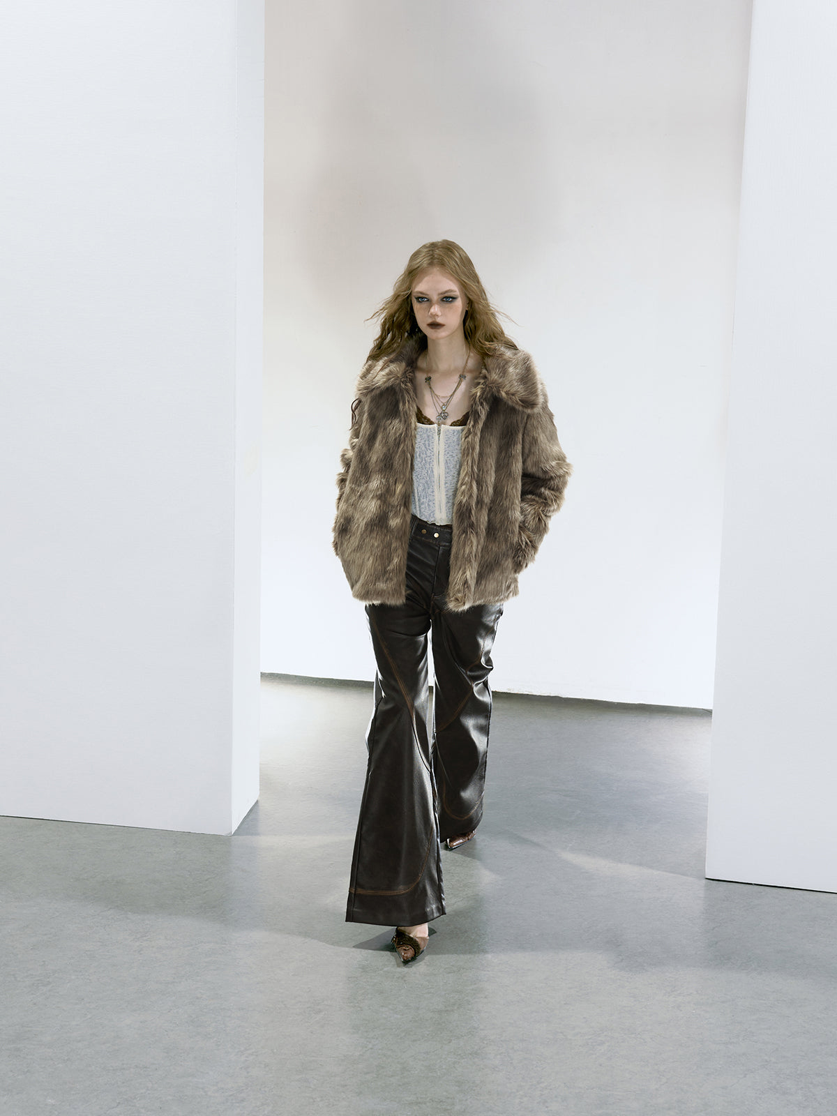 Strike A Pose | Brown Glossy Faux Fur Coat