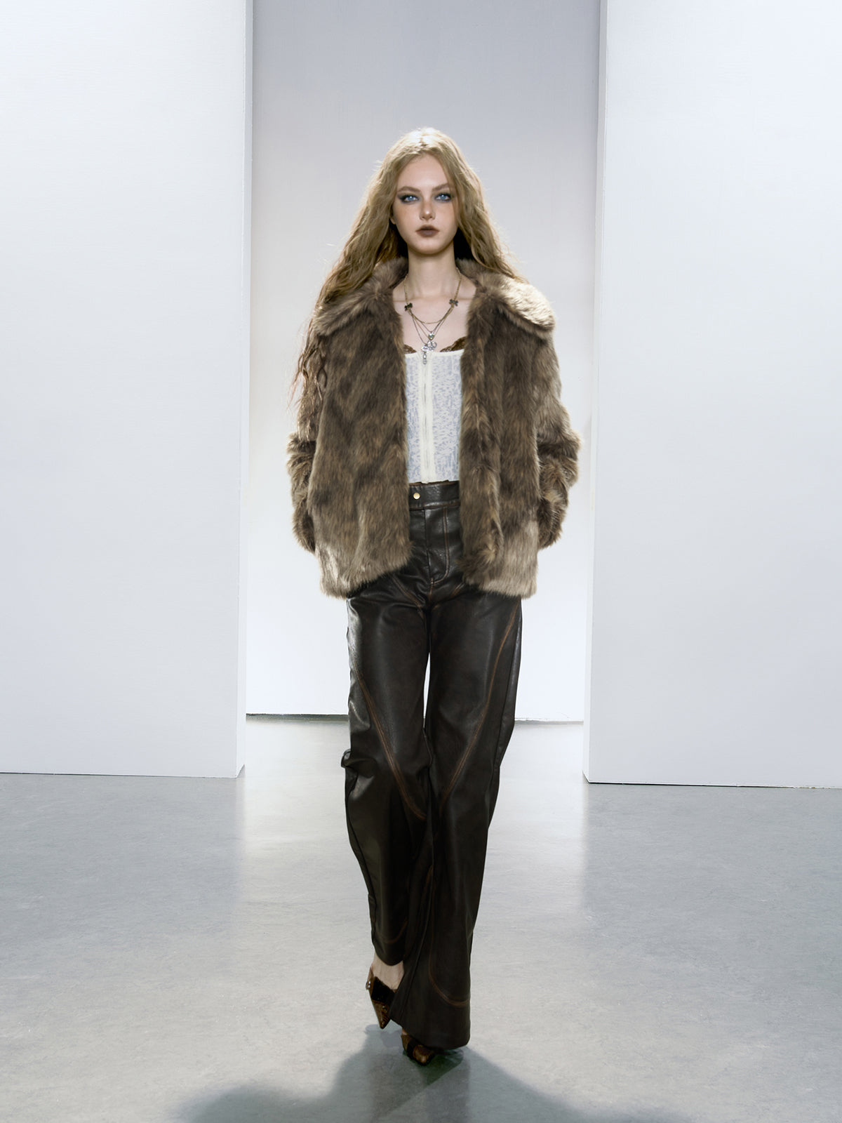 Strike A Pose | Brown Glossy Faux Fur Coat